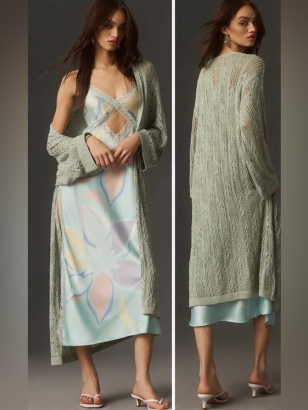 By Anthropologie Shine Crochet Cardigan Sweater One Size Sage Green Long Duster